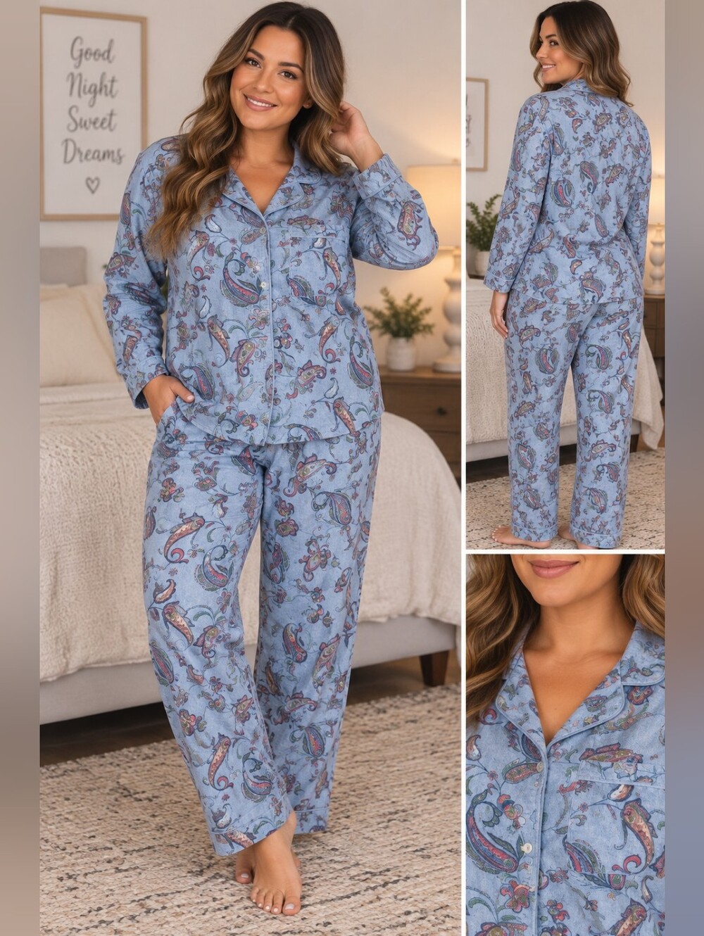 Cozee Corner Women’s Medium 2 Piece Pajama Set Blue Paisley 100% Cotton PJs